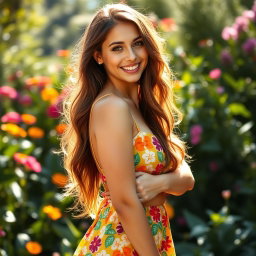 A beautiful and confident young woman standing in a sunlit garden, showcasing her natural beauty and body positivity