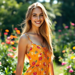 A beautiful and confident young woman standing in a sunlit garden, showcasing her natural beauty and body positivity
