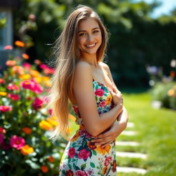 A beautiful and confident young woman standing in a sunlit garden, showcasing her natural beauty and body positivity