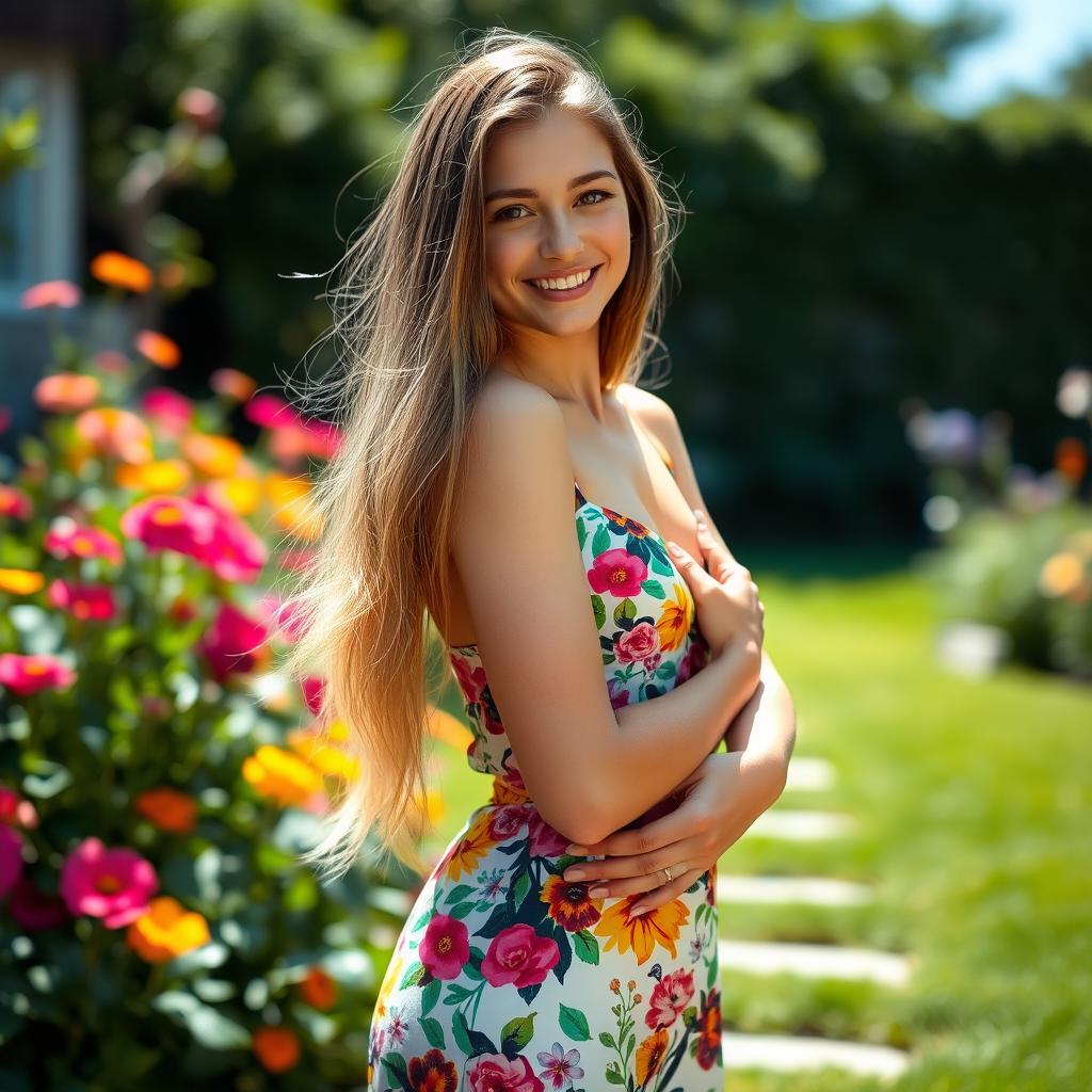 A beautiful and confident young woman standing in a sunlit garden, showcasing her natural beauty and body positivity