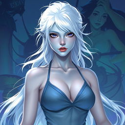 In the style of DnD character art, Maeve is a striking figure with captivating light blue skin and ethereal elven white hair that seems to float faintly around her