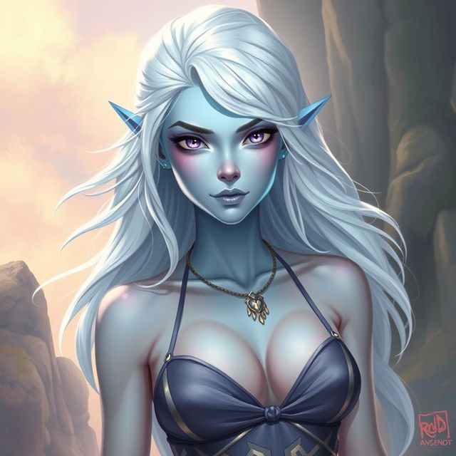 In the style of DnD character art, Maeve is a striking figure with captivating light blue skin and ethereal elven white hair that seems to float faintly around her