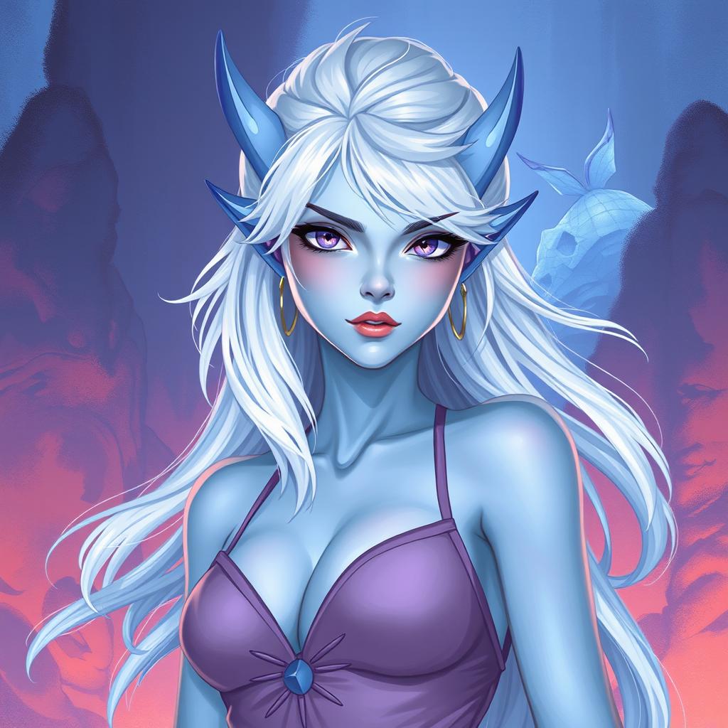 In the style of DnD character art, Maeve is a striking figure with captivating light blue skin and ethereal elven white hair that seems to float faintly around her