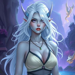 In the style of DnD character art, Maeve is a striking figure with captivating light blue skin and ethereal elven white hair that seems to float faintly around her