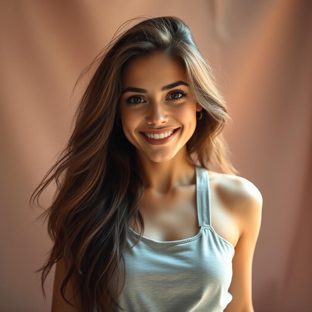 A stunning portrait of a confident young woman with underarm hair, showcasing a natural and empowered look