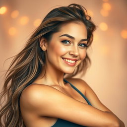 A stunning portrait of a confident young woman with underarm hair, showcasing a natural and empowered look