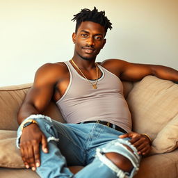 A tall, athletic African-American young man lounging on a couch, embodying an urban casual style