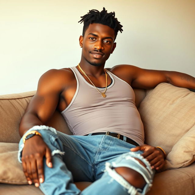 A tall, athletic African-American young man lounging on a couch, embodying an urban casual style
