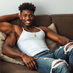 A tall, athletic African-American young man lounging on a couch, embodying an urban casual style