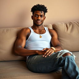 A tall, athletic African-American young man lounging on a couch, embodying an urban casual style