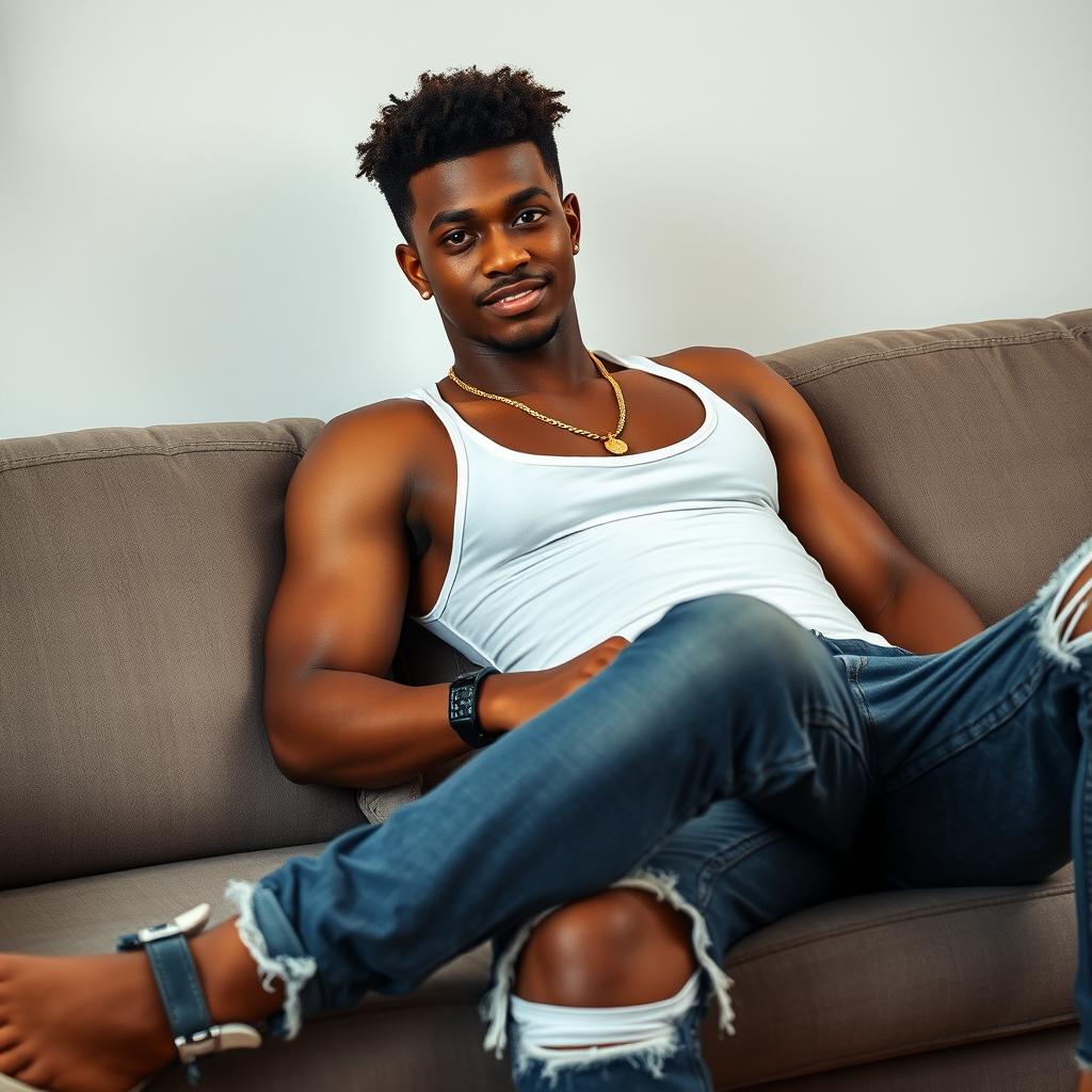 A tall, athletic African-American young man lounging on a couch, embodying an urban casual style