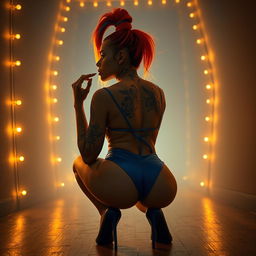 A surreal and dreamlike scene featuring a light caramel skinned female with an elegant high ponytail hairstyle, her hair colored in bright orange and blue