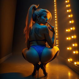 A surreal and dreamlike scene featuring a light caramel skinned female with an elegant high ponytail hairstyle, her hair colored in bright orange and blue