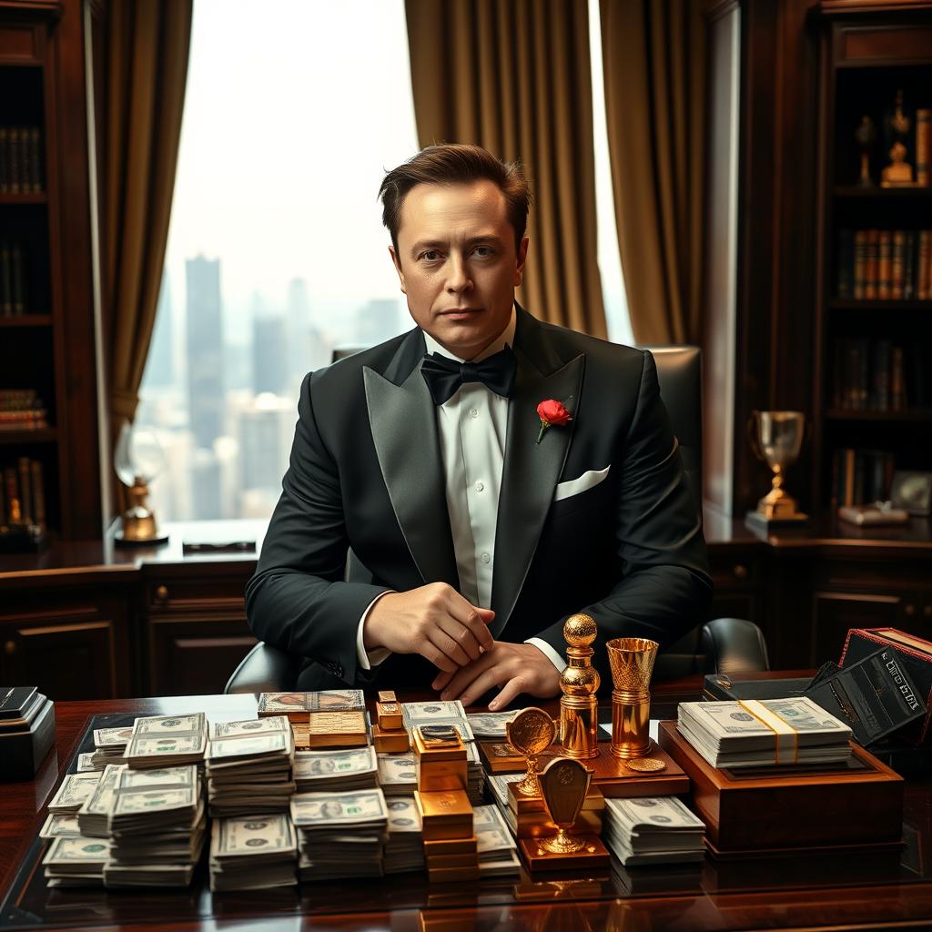 Elon Musk dressed as the Godfather, wearing a tailored black tuxedo with a white dress shirt and a black bow tie, sitting confidently at an elegant office desk