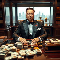 Elon Musk dressed as the Godfather, wearing a tailored black tuxedo with a white dress shirt and a black bow tie, sitting confidently at an elegant office desk