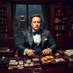 Elon Musk dressed as the Godfather, wearing a tailored black tuxedo with a white dress shirt and a black bow tie, sitting confidently at an elegant office desk