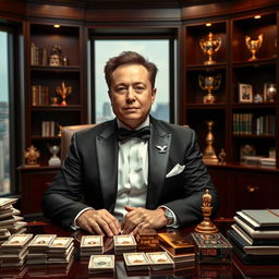 Elon Musk dressed as the Godfather, wearing a tailored black tuxedo with a white dress shirt and a black bow tie, sitting confidently at an elegant office desk