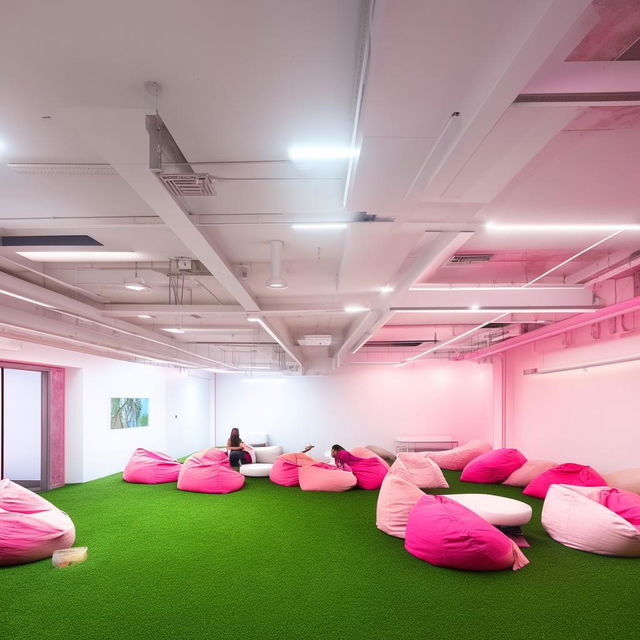 A futuristic co-working space predominantly in white adorned with hot pink accents, furnished with desks and chairs to accommodate 30 people. A 3x3 sq meters area covered with synthetic grass features 3-5 bean bags.