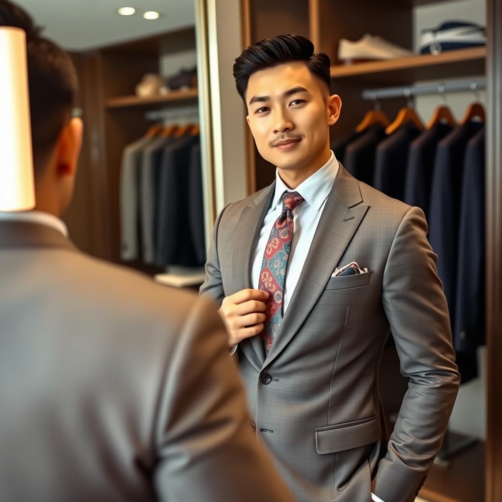 A stylish man in a sharp suit wearing a colorful tie, adjusting his tie in front of a large mirror