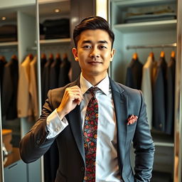 A stylish man in a sharp suit wearing a colorful tie, adjusting his tie in front of a large mirror