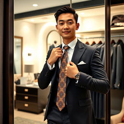 A stylish man in a sharp suit wearing a colorful tie, adjusting his tie in front of a large mirror