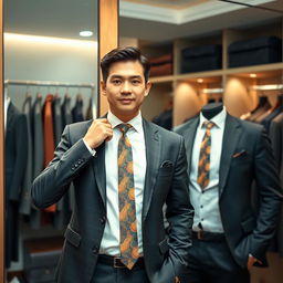 A stylish man in a sharp suit wearing a colorful tie, adjusting his tie in front of a large mirror