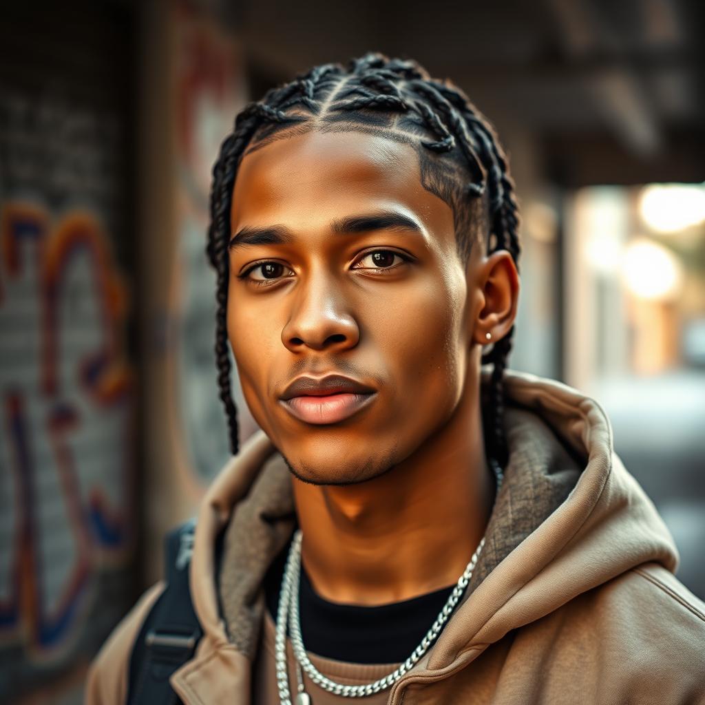 A portrait of a young man with stunning cornrow hairstyle, intricately styled and neatly braided