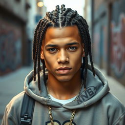 A portrait of a young man with stunning cornrow hairstyle, intricately styled and neatly braided