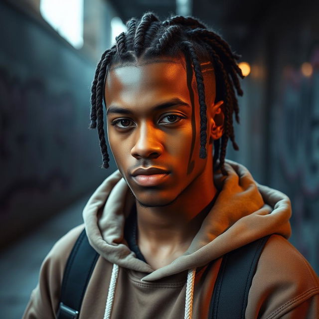 A portrait of a young man with stunning cornrow hairstyle, intricately styled and neatly braided