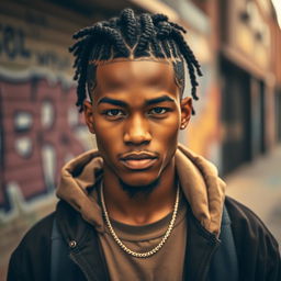 A portrait of a young man with stunning cornrow hairstyle, intricately styled and neatly braided