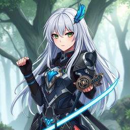 A detailed anime-style character design of a fierce warrior
