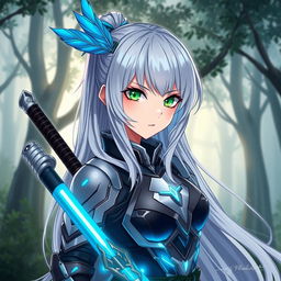 A detailed anime-style character design of a fierce warrior