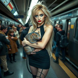 A full-length photograph of an alluring young woman with a thin face and very thick, long, messy dirty blond hair, confidently waiting at a crowded subway station in New York