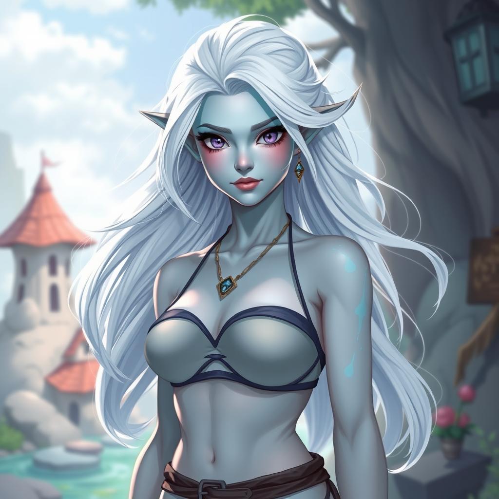 In the style of DnD character art, Maeve stands as a striking figure with enchanting light blue skin and graceful elven white hair that appears to float gently around her