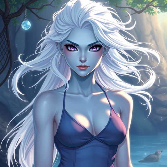 In the style of DnD character art, Maeve is depicted as a striking figure with luminous light blue skin and elven white hair that appears to float delicately around her