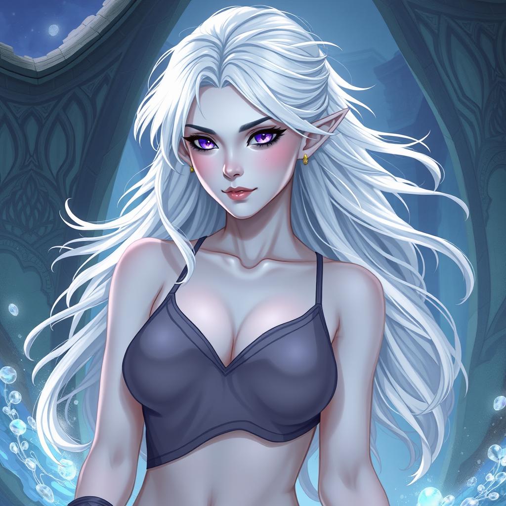 In the style of DnD character art, Maeve is depicted as a striking figure with luminous light blue skin and elven white hair that appears to float delicately around her