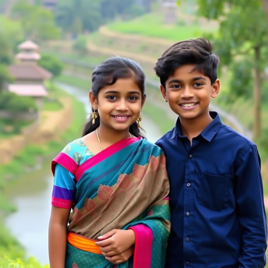 A charming young Bengali girl with beautiful features, wearing a colorful traditional saree, stands beside a handsome boy