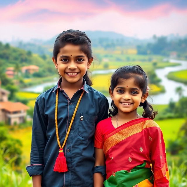 A charming young Bengali girl with beautiful features, wearing a colorful traditional saree, stands beside a handsome boy