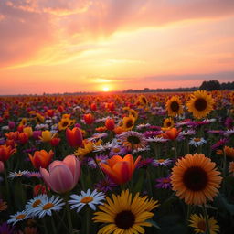 A breathtaking sunrise illuminating a vibrant field of colorful flowers, the sky painted in shades of orange, pink, and purple as the sun rises over the horizon