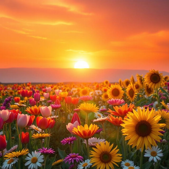 A breathtaking sunrise illuminating a vibrant field of colorful flowers, the sky painted in shades of orange, pink, and purple as the sun rises over the horizon