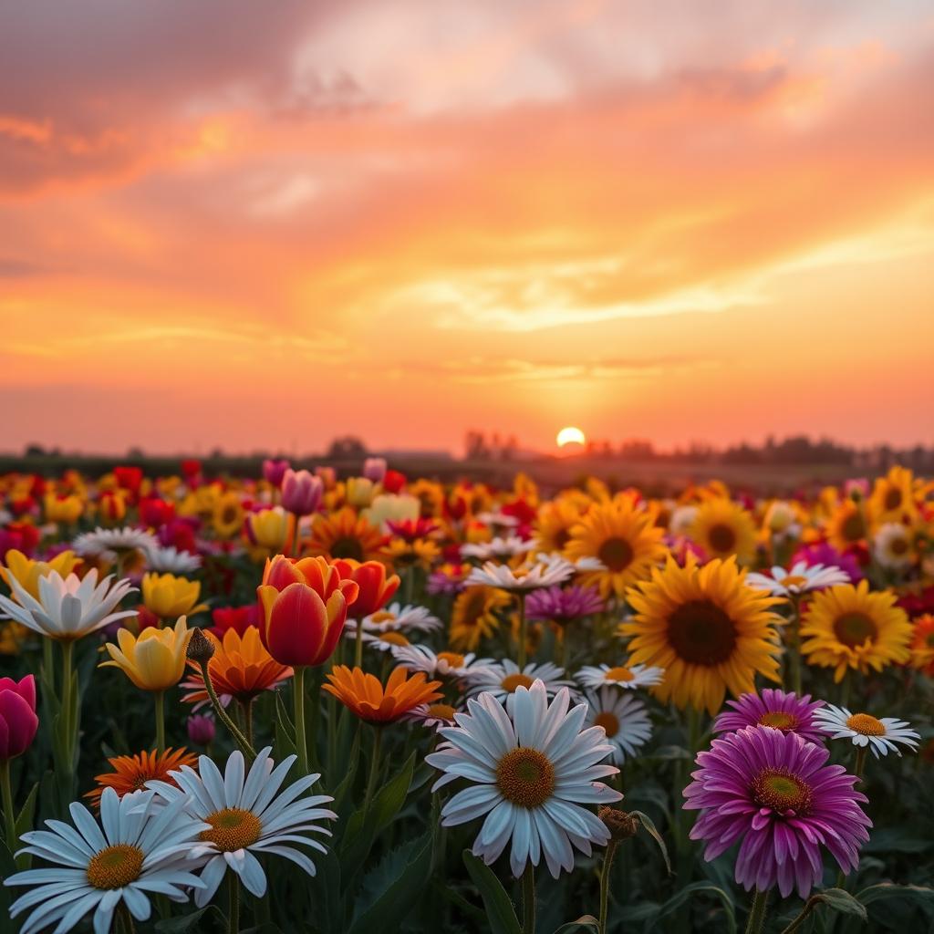 A breathtaking sunrise illuminating a vibrant field of colorful flowers, the sky painted in shades of orange, pink, and purple as the sun rises over the horizon