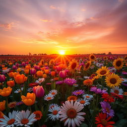 A breathtaking sunrise illuminating a vibrant field of colorful flowers, the sky painted in shades of orange, pink, and purple as the sun rises over the horizon