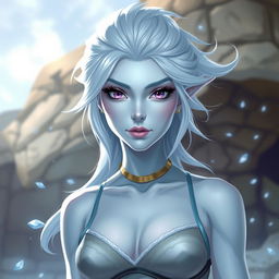 In the style of DnD character art, Maeve is a captivating figure with luminous light blue skin and elegant elven white hair that appears to float gently in the air