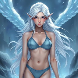 In the style of DnD character art, Maeve is a captivating figure with luminous light blue skin and elegant elven white hair that appears to float gently in the air