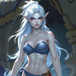 In the style of DnD character art, Maeve is a striking figure characterized by her luminous light blue skin and ethereal white elven hair that appears to float softly around her