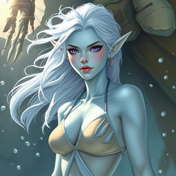 In the style of DnD character art, Maeve is a striking figure characterized by her luminous light blue skin and ethereal white elven hair that appears to float softly around her