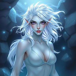 In the style of DnD character art, Maeve is a striking figure characterized by her luminous light blue skin and ethereal white elven hair that appears to float softly around her