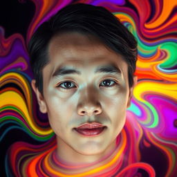A portrait of a person with their face clearly visible, surrounded by a vibrant, colorful AI-generated abstract background consisting of swirling shapes and bright colors, creating a striking contrast with the facial features