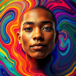 A portrait of a person with their face clearly visible, surrounded by a vibrant, colorful AI-generated abstract background consisting of swirling shapes and bright colors, creating a striking contrast with the facial features