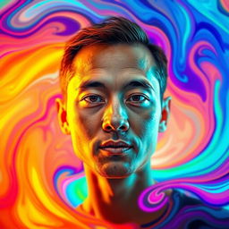A portrait of a person with their face clearly visible, surrounded by a vibrant, colorful AI-generated abstract background consisting of swirling shapes and bright colors, creating a striking contrast with the facial features